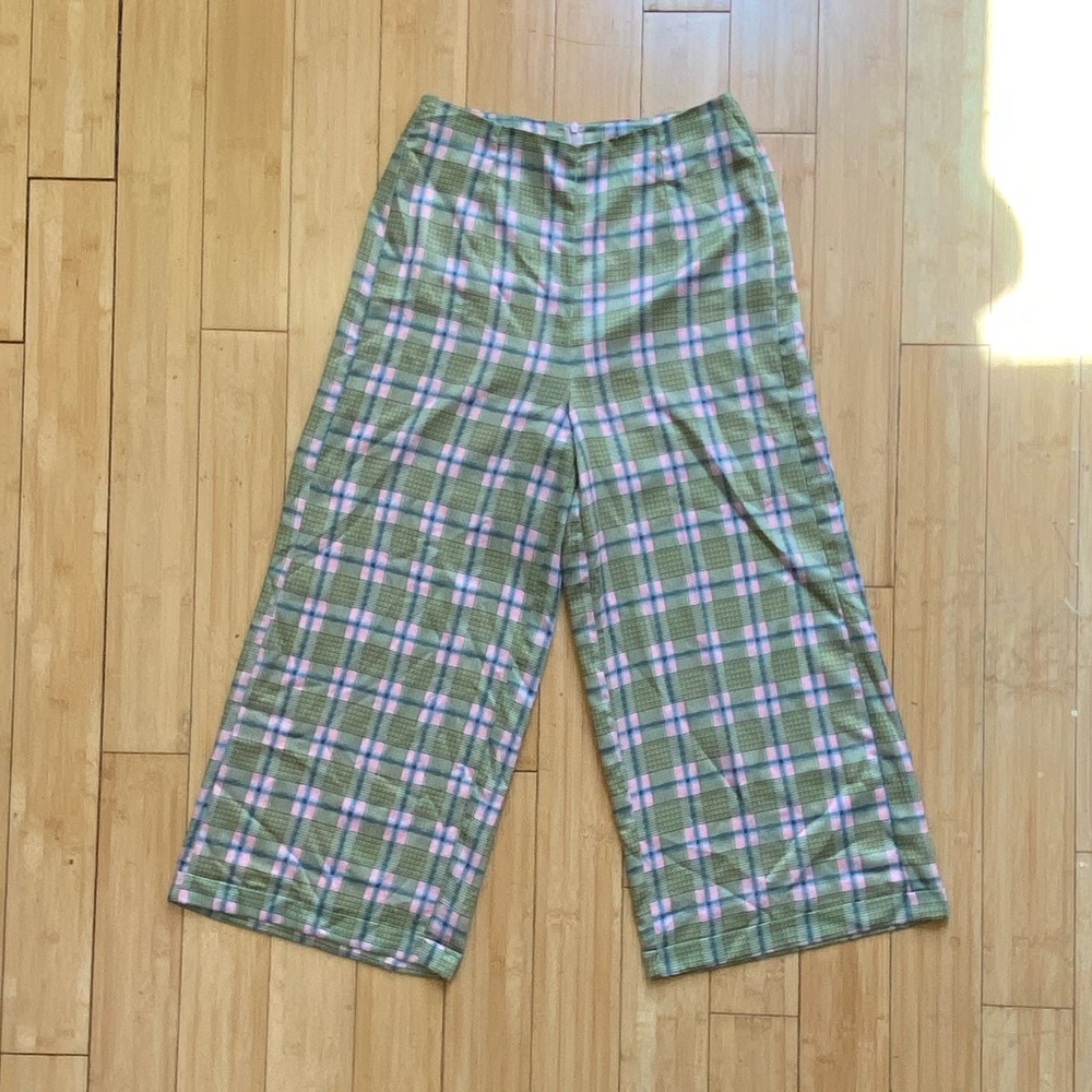 Silky Spring Plaid Wide-Leg Pants
